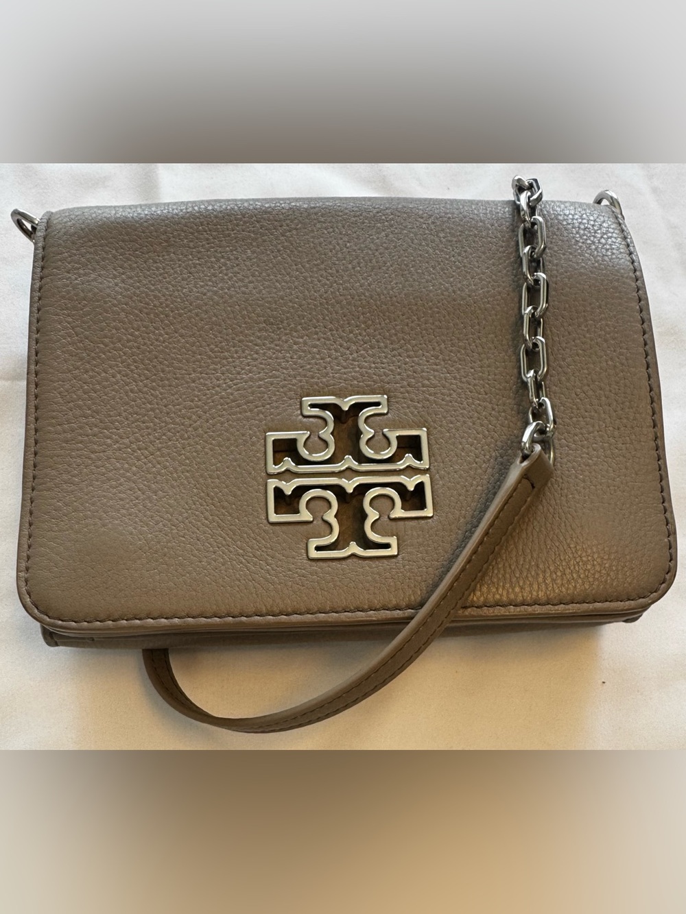Tory Burch Britten Foldover Crossbody Bag Taupe Pebbled Leather